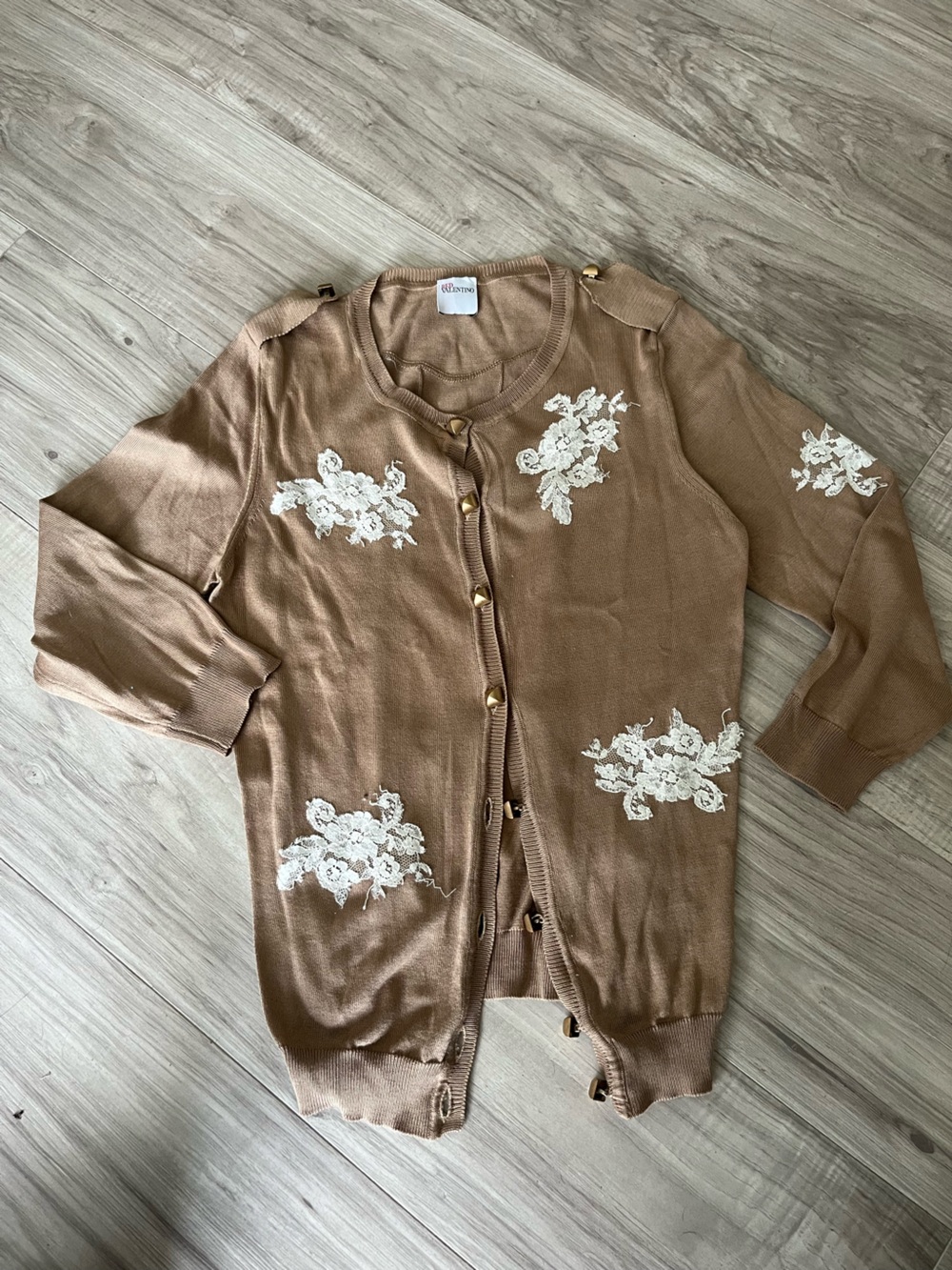 Valentino Red- Brown Cardigan with White Floral Appliqué